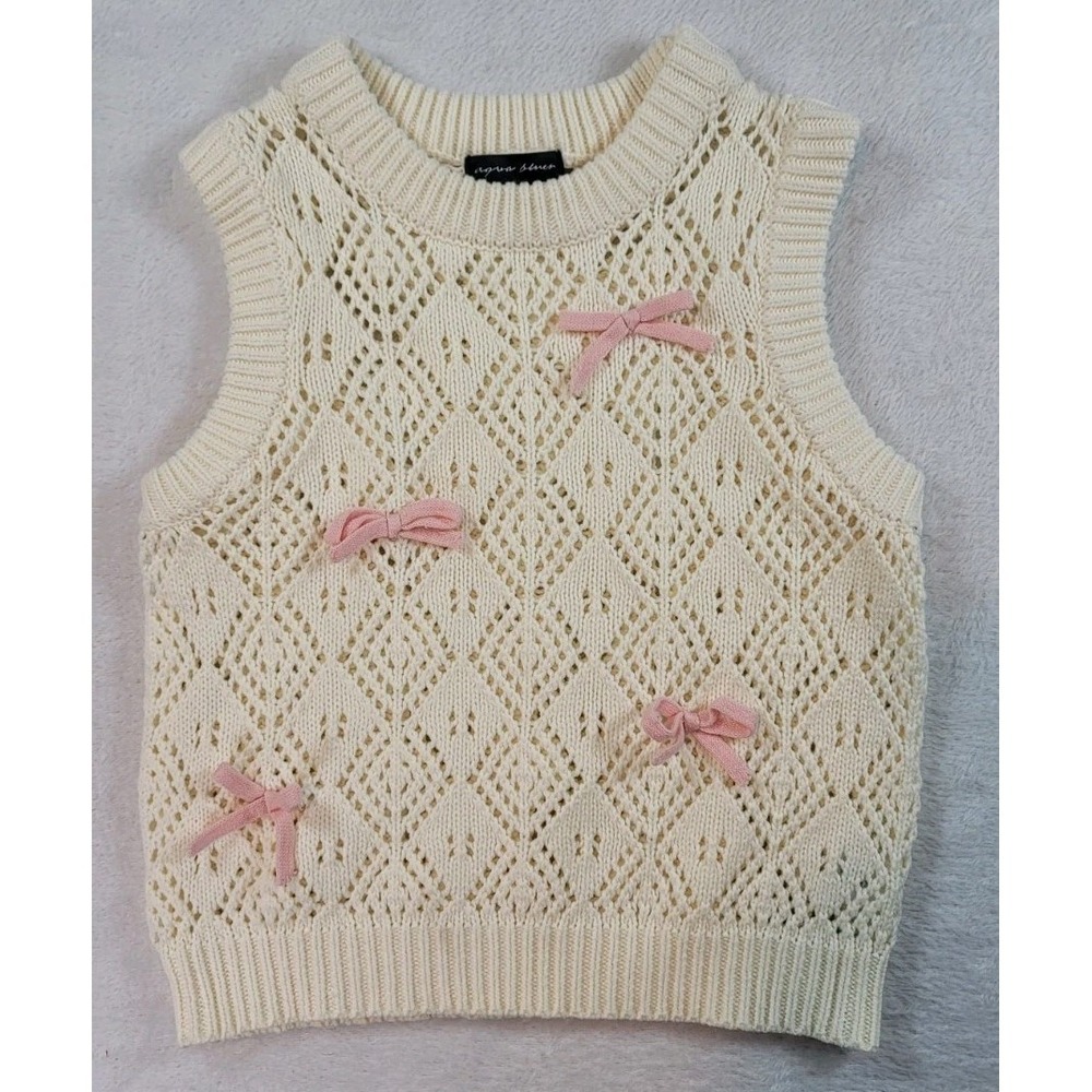 Cream Knit Sweater Vest Blush Pink Bows Size Med Cottagecore Coquette Feminine